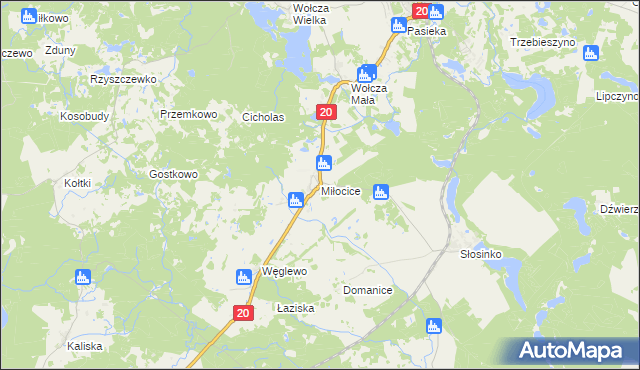 mapa Miłocice gmina Miastko, Miłocice gmina Miastko na mapie Targeo