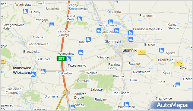 mapa Miłocice gmina Słomniki, Miłocice gmina Słomniki na mapie Targeo