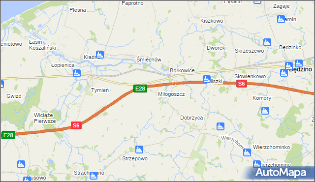 mapa Miłogoszcz gmina Będzino, Miłogoszcz gmina Będzino na mapie Targeo