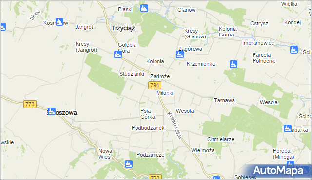 mapa Milonki gmina Trzyciąż, Milonki gmina Trzyciąż na mapie Targeo