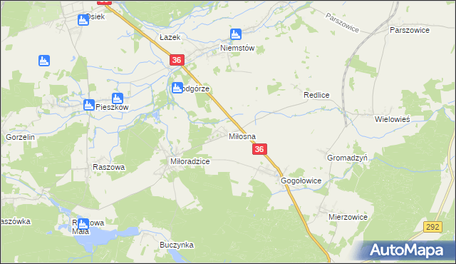 mapa Miłosna gmina Lubin, Miłosna gmina Lubin na mapie Targeo