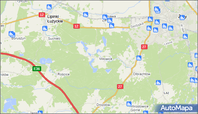 mapa Miłowice gmina Żary, Miłowice gmina Żary na mapie Targeo