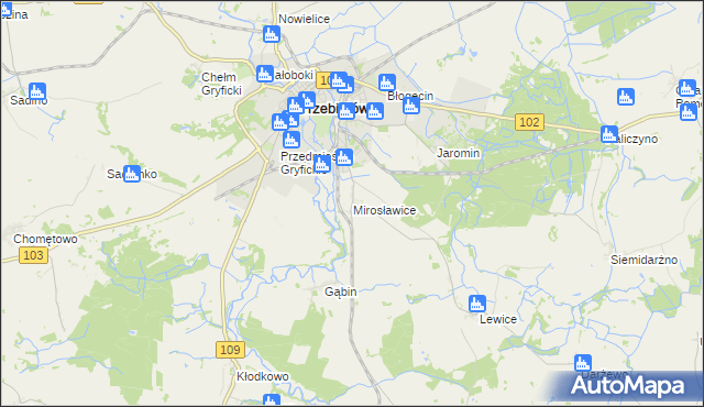 mapa Mirosławice gmina Trzebiatów, Mirosławice gmina Trzebiatów na mapie Targeo