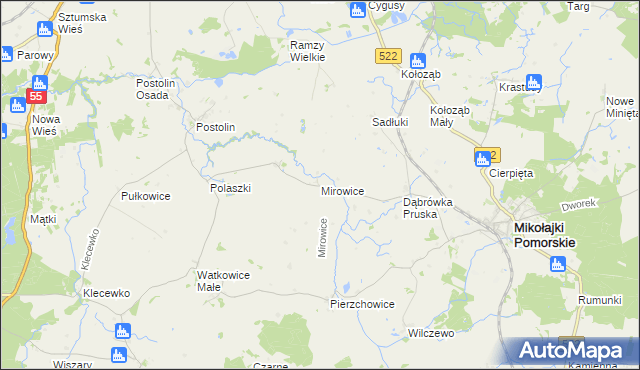 mapa Mirowice gmina Mikołajki Pomorskie, Mirowice gmina Mikołajki Pomorskie na mapie Targeo