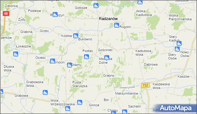 mapa Młodynie Dolne, Młodynie Dolne na mapie Targeo