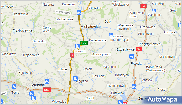 mapa Młodziejowice gmina Michałowice, Młodziejowice gmina Michałowice na mapie Targeo