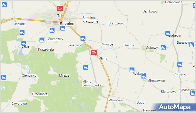 mapa Młyny gmina Strzelno, Młyny gmina Strzelno na mapie Targeo