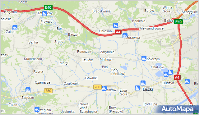 mapa Mników gmina Liszki, Mników gmina Liszki na mapie Targeo