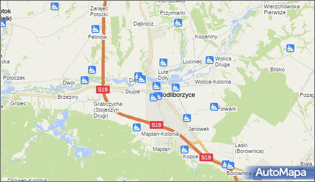 mapa Modliborzyce powiat janowski, Modliborzyce powiat janowski na mapie Targeo