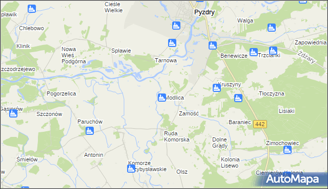 mapa Modlica gmina Pyzdry, Modlica gmina Pyzdry na mapie Targeo