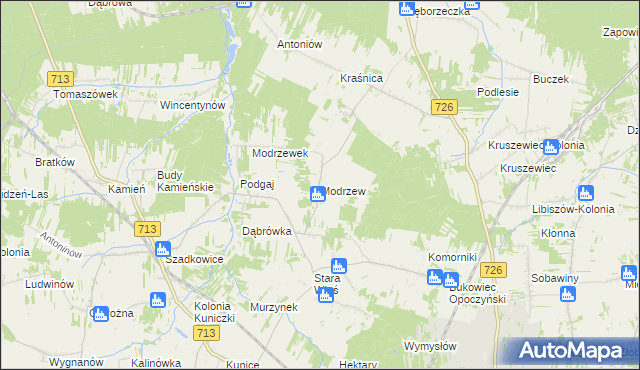 mapa Modrzew gmina Opoczno, Modrzew gmina Opoczno na mapie Targeo