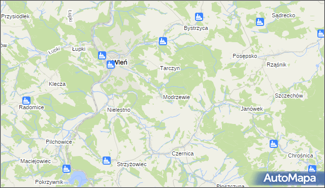 mapa Modrzewie gmina Wleń, Modrzewie gmina Wleń na mapie Targeo