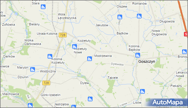 mapa Modrzewina gmina Goszczyn, Modrzewina gmina Goszczyn na mapie Targeo