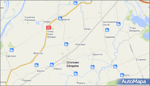 mapa Mojkowo gmina Gronowo Elbląskie, Mojkowo gmina Gronowo Elbląskie na mapie Targeo