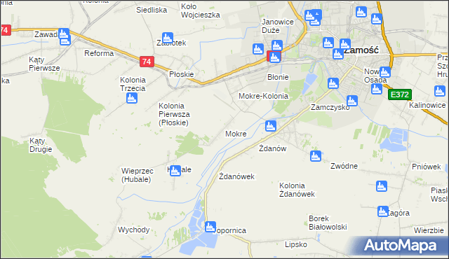 mapa Mokre gmina Zamość, Mokre gmina Zamość na mapie Targeo