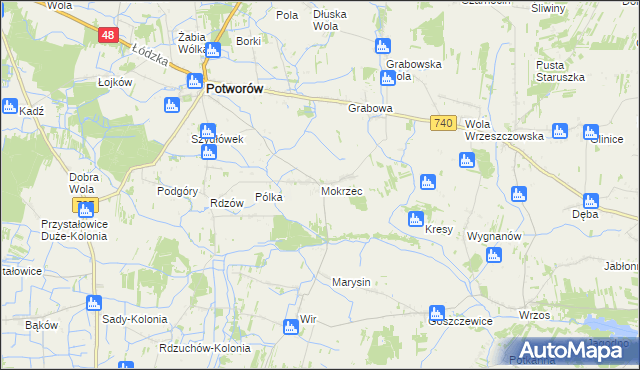 mapa Mokrzec gmina Potworów, Mokrzec gmina Potworów na mapie Targeo