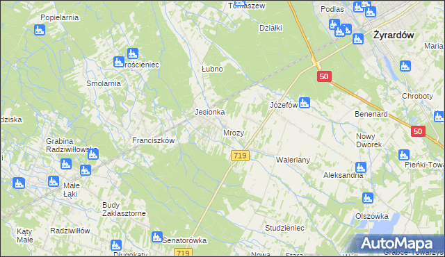 mapa Mrozy gmina Puszcza Mariańska, Mrozy gmina Puszcza Mariańska na mapie Targeo