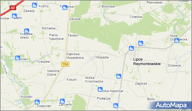 mapa Mszadla gmina Lipce Reymontowskie, Mszadla gmina Lipce Reymontowskie na mapie Targeo