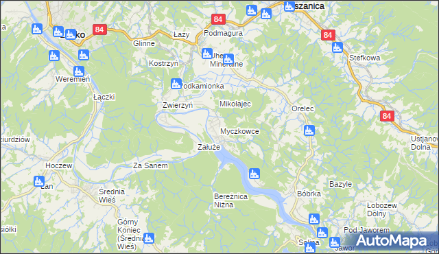 mapa Myczkowce, Myczkowce na mapie Targeo