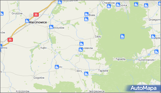 mapa Mysłaków gmina Marcinowice, Mysłaków gmina Marcinowice na mapie Targeo