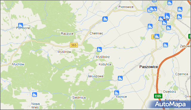 mapa Myślibórz gmina Paszowice, Myślibórz gmina Paszowice na mapie Targeo