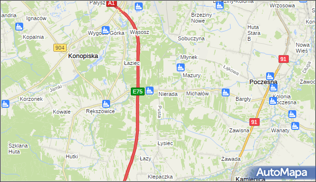 mapa Nierada gmina Poczesna, Nierada gmina Poczesna na mapie Targeo