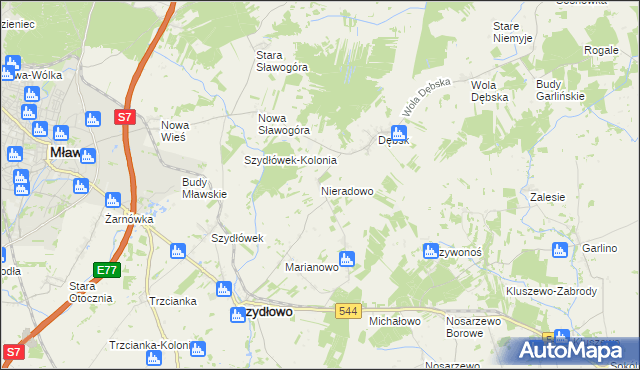 mapa Nieradowo gmina Szydłowo, Nieradowo gmina Szydłowo na mapie Targeo