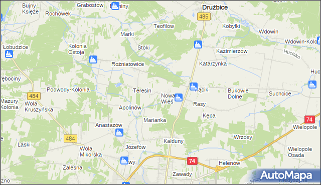 mapa Nowa Wieś gmina Drużbice, Nowa Wieś gmina Drużbice na mapie Targeo