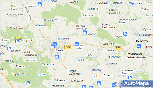 mapa Nowa Wieś gmina Skała, Nowa Wieś gmina Skała na mapie Targeo