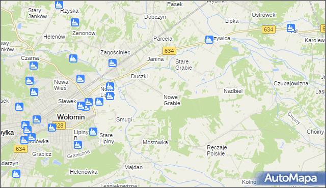 mapa Nowe Grabie gmina Wołomin, Nowe Grabie gmina Wołomin na mapie Targeo