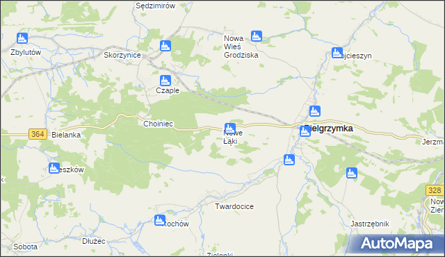 mapa Nowe Łąki gmina Pielgrzymka, Nowe Łąki gmina Pielgrzymka na mapie Targeo