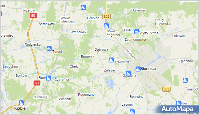 mapa Nowe Zalesie gmina Siennica, Nowe Zalesie gmina Siennica na mapie Targeo