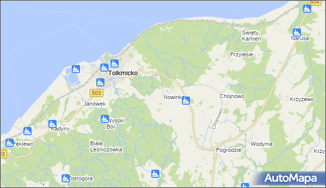 mapa Nowinka gmina Tolkmicko, Nowinka gmina Tolkmicko na mapie Targeo