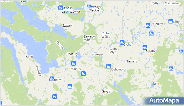 mapa Nowiny gmina Świętajno, Nowiny gmina Świętajno na mapie Targeo