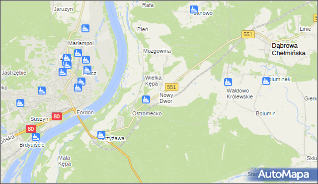 mapa Nowy Dwór gmina Dąbrowa Chełmińska, Nowy Dwór gmina Dąbrowa Chełmińska na mapie Targeo