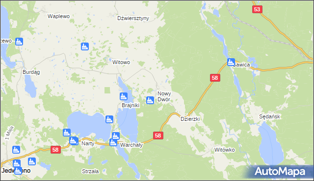 mapa Nowy Dwór gmina Jedwabno, Nowy Dwór gmina Jedwabno na mapie Targeo