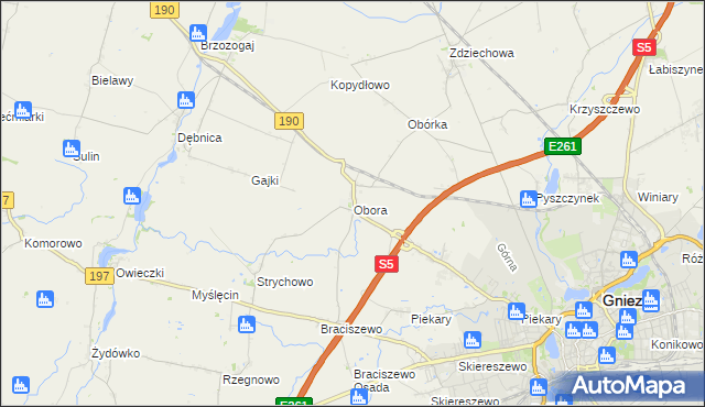 mapa Obora gmina Gniezno, Obora gmina Gniezno na mapie Targeo