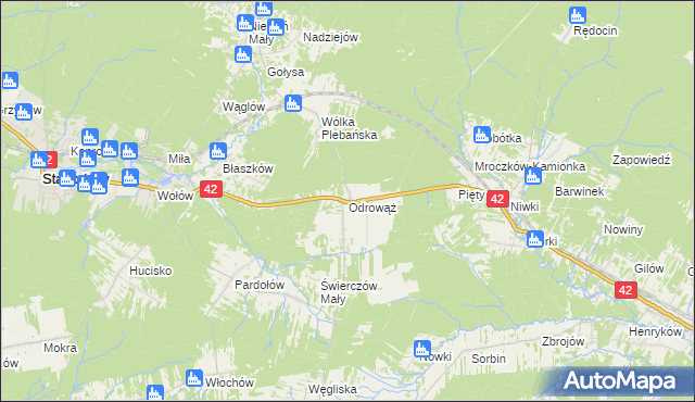 mapa Odrowąż gmina Stąporków, Odrowąż gmina Stąporków na mapie Targeo