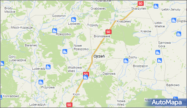 mapa Ojrzeń powiat ciechanowski, Ojrzeń powiat ciechanowski na mapie Targeo