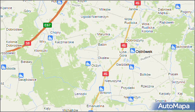 mapa Okalew gmina Ostrówek, Okalew gmina Ostrówek na mapie Targeo