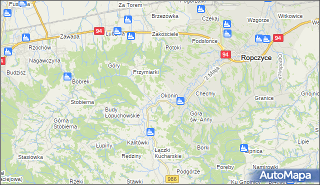 mapa Okonin gmina Ropczyce, Okonin gmina Ropczyce na mapie Targeo