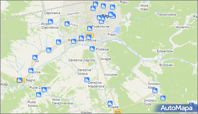 mapa Okrągłe gmina Biłgoraj, Okrągłe gmina Biłgoraj na mapie Targeo