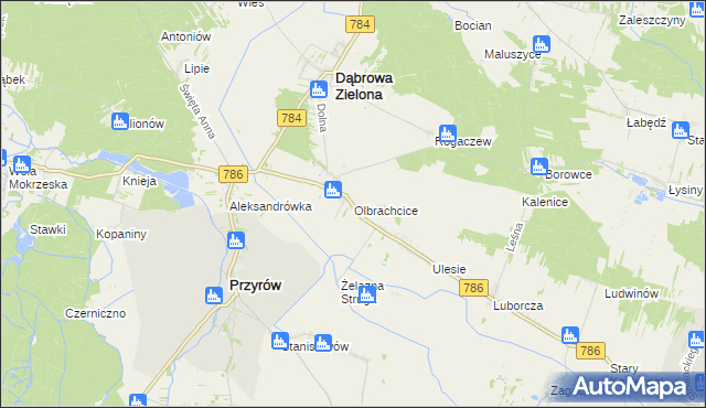 mapa Olbrachcice gmina Dąbrowa Zielona, Olbrachcice gmina Dąbrowa Zielona na mapie Targeo