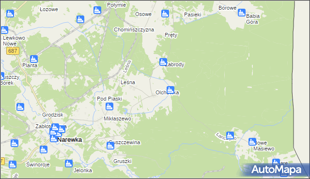 mapa Olchówka gmina Narewka, Olchówka gmina Narewka na mapie Targeo