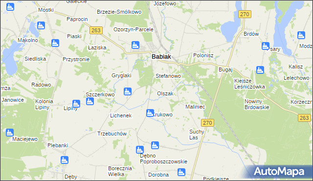 mapa Olszak gmina Babiak, Olszak gmina Babiak na mapie Targeo