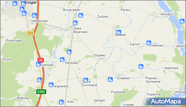 mapa Olszewo gmina Śmigiel, Olszewo gmina Śmigiel na mapie Targeo