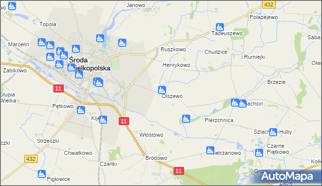 mapa Olszewo gmina Środa Wielkopolska, Olszewo gmina Środa Wielkopolska na mapie Targeo