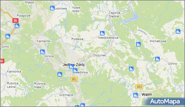 mapa Olszyniec gmina Walim, Olszyniec gmina Walim na mapie Targeo