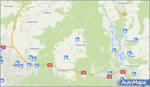 mapa Olszyniec gmina Żary, Olszyniec gmina Żary na mapie Targeo