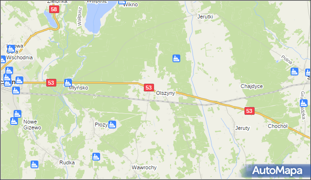 mapa Olszyny gmina Szczytno, Olszyny gmina Szczytno na mapie Targeo